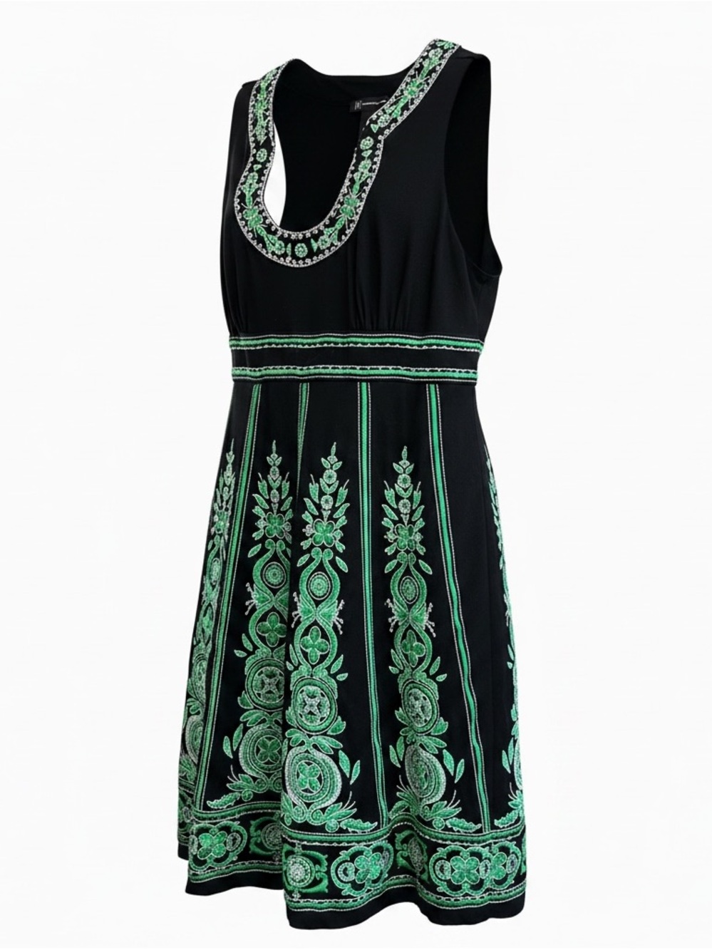INC‎ International Concepts Black Midi Dress with Green Embroidery Beaded